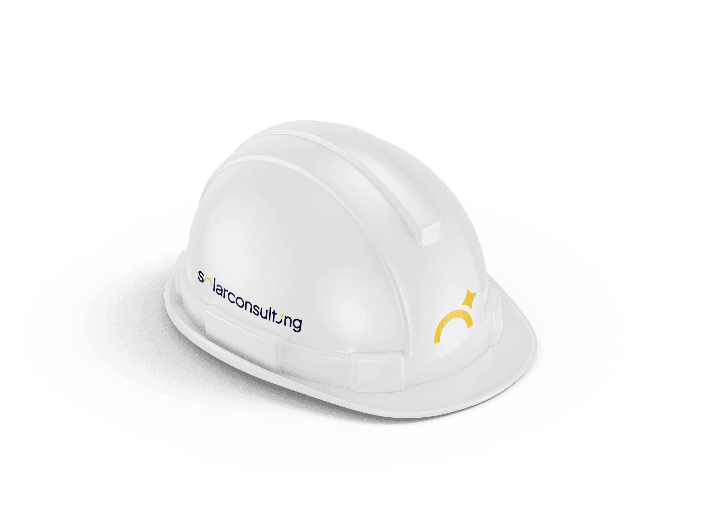 En hvit vernehjelm med Solar Consulting-logo på